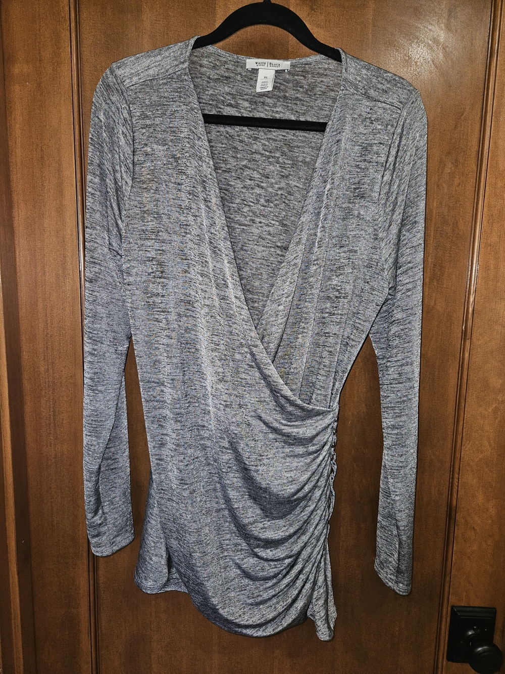 White House Black Market Heather Gray Ruched Wrap-Front Long Sleeve Top